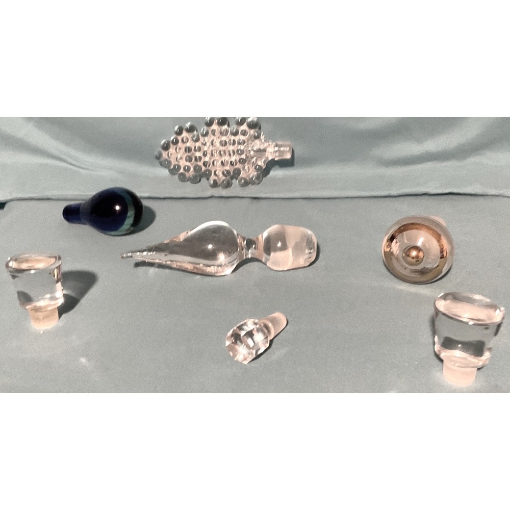 Vintage Glass & crystal  perfume Stoppers Lot of 7 Cobalt Blue Leaf Crystal Clea